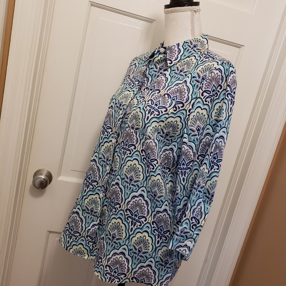 Chico's Scallop-Print Button Front No Iron Linen Shirt Size 0=8/10 Colorful - Picture 7 of 13